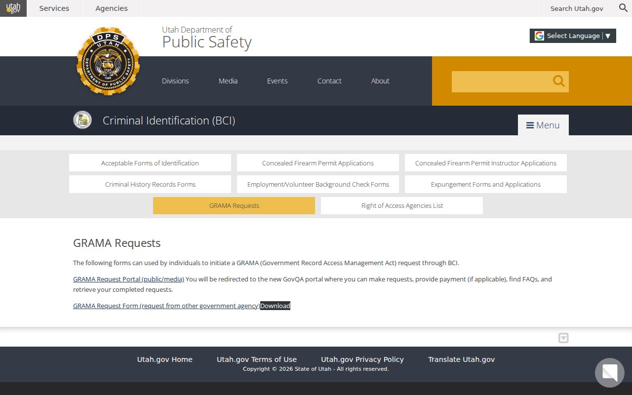 Utah warrant records: BCI official GRAMA records request page