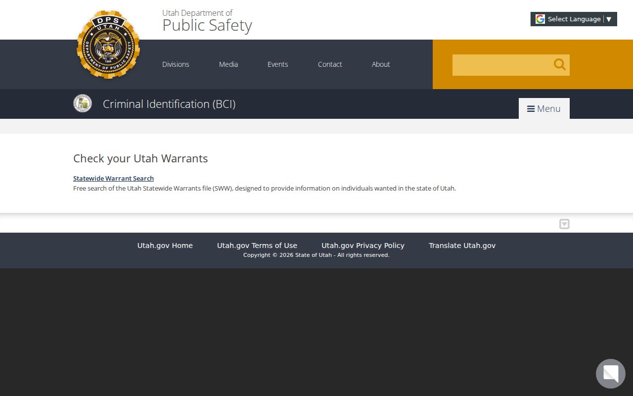 Utah statewide warrant search landing page