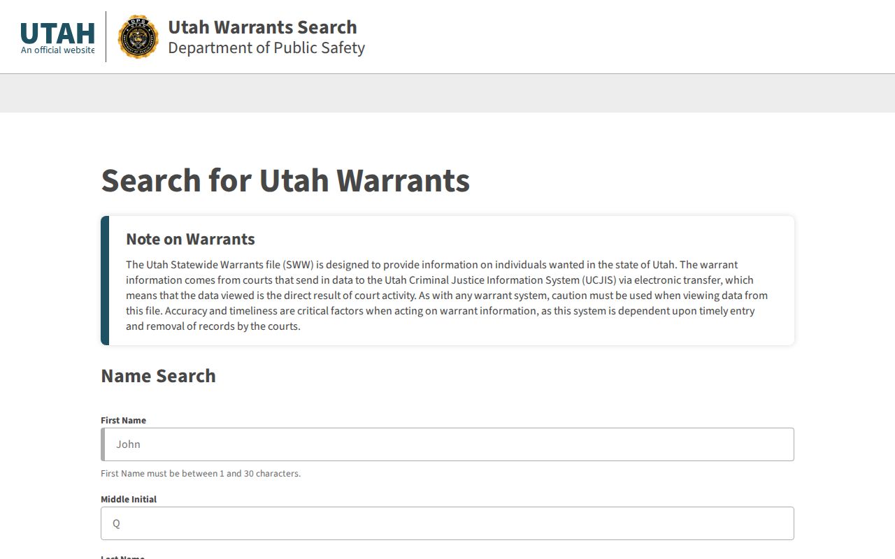 Utah warrant lookup interface for a public statewide search